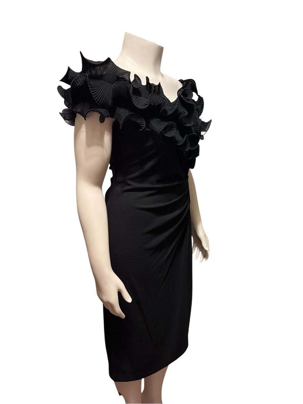 NWT Xscape Sz 16 Black Ruffle Off the Shoulder Scuba Crepe Midi Dress $228 - Picture 3 of 11